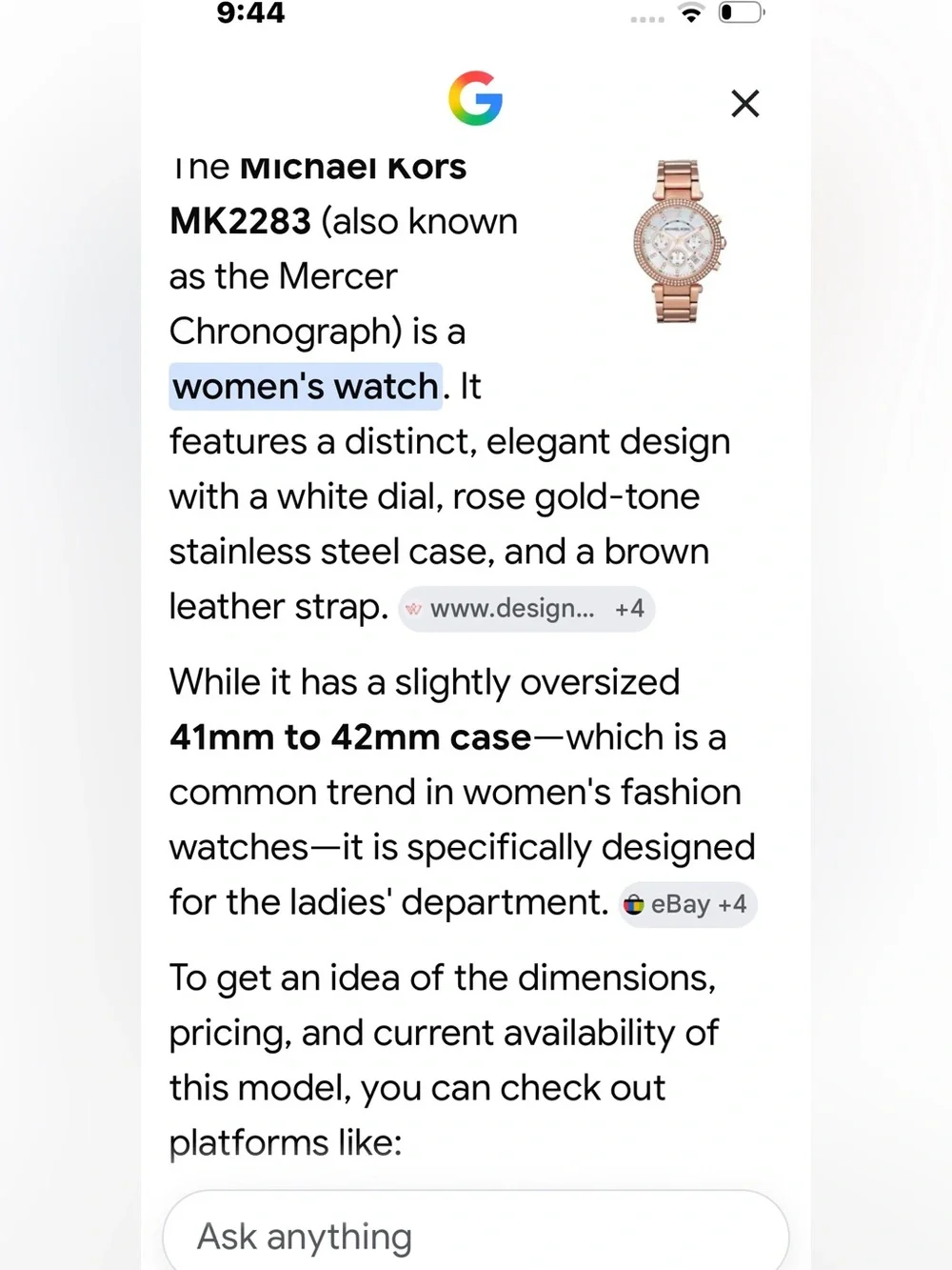 Michael Kors Rose Gold Tone Chronograph Watch with Brown Leather Strap